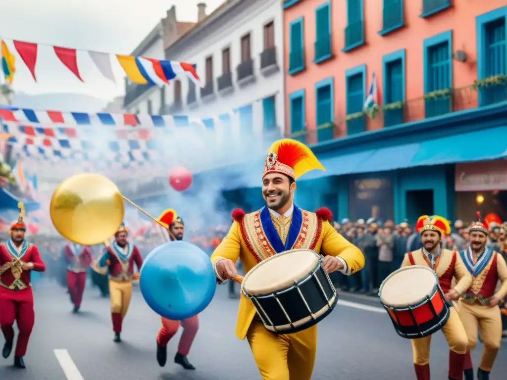 Desfile colorido del Carnaval Uruguayo con carrozas, bailarines y espectadores animados