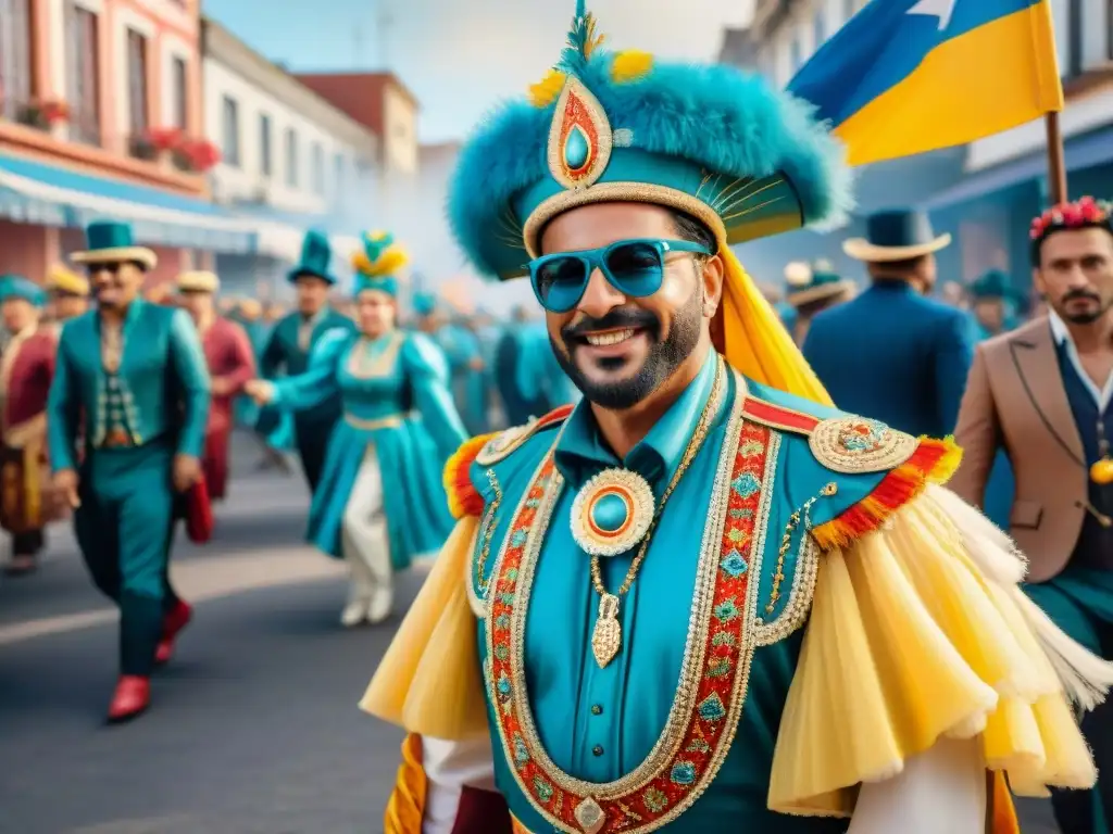 Desfile colorido en Carnaval Uruguayo con trajes elaborados y paleta de colores vibrante