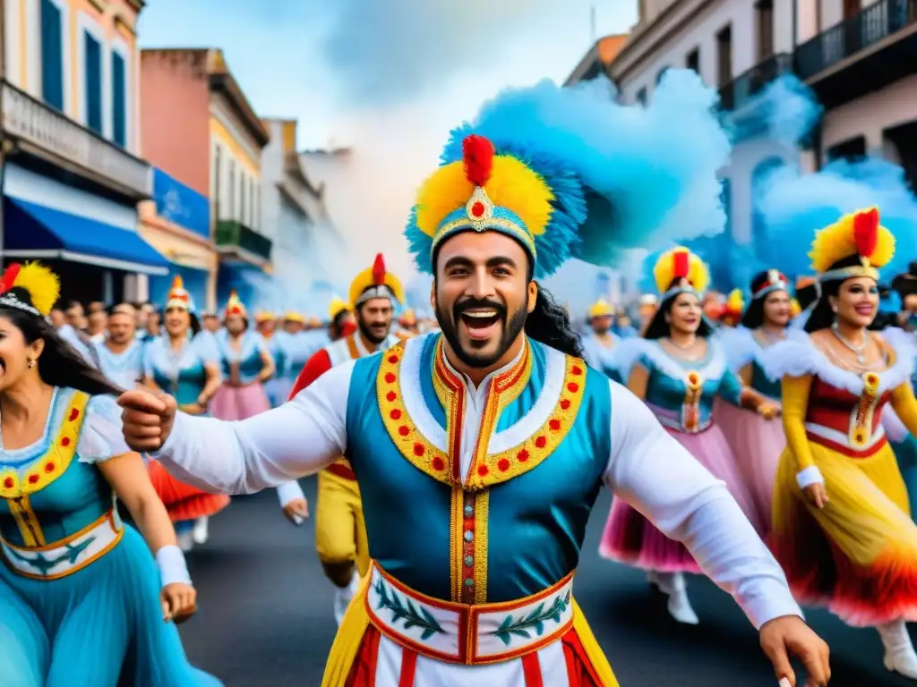 Desfile colorido en el Carnaval Uruguayo con carros alegóricos y bailarines en trajes tradicionales, bajo un cielo festivo