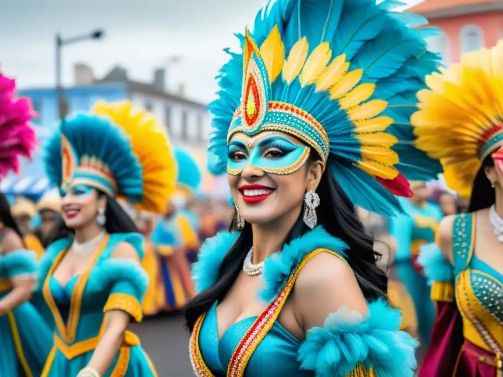 Desfile colorido Carnaval Uruguayo, floats y músicos en vivo, energía festiva