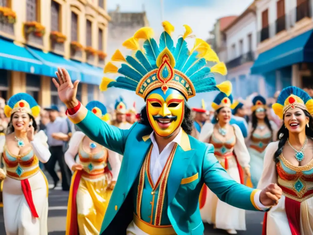 Desfile colorido en el Carnaval uruguayo, con intercambios culturales y alegría en las calles