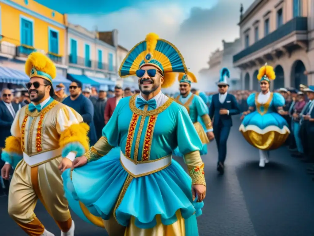 Desfile colorido de Carnaval Uruguayo con carrozas y gente bailando en las calles, capturando la esencia festiva del Carnaval Uruguayo cine televisión internacional