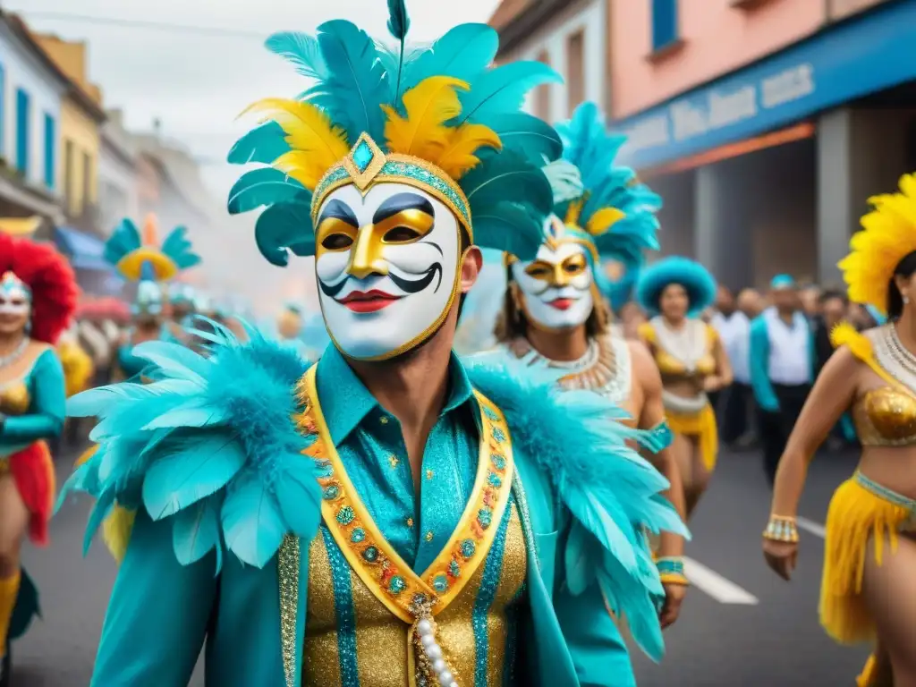 Desfile colorido en Carnaval Uruguayo con trajes reciclados, tradiciones recicladas en Carnaval Uruguayo