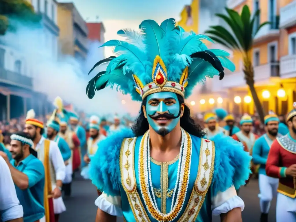 Desfile colorido del Carnaval Uruguayo con decoraciones detalladas y vibrantes, músicos y bailarines en un ambiente festivo y alegre