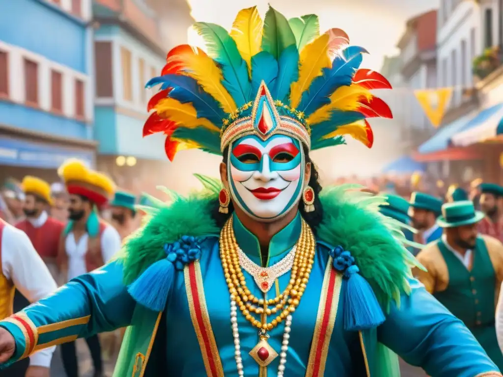 Desfile colorido en Carnaval Uruguayo con Mascaritas y Vedettes, vibrante y festivo