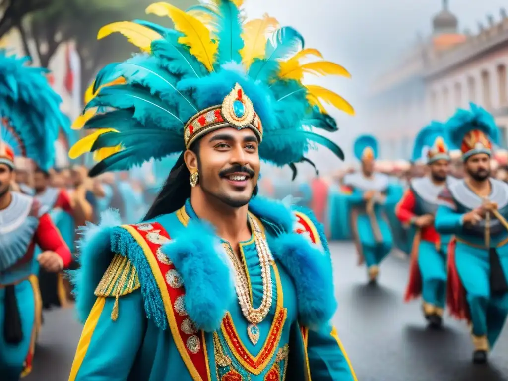 Desfile colorido en el Carnaval Uruguayo con carrozas y bailarines en trajes tradicionales