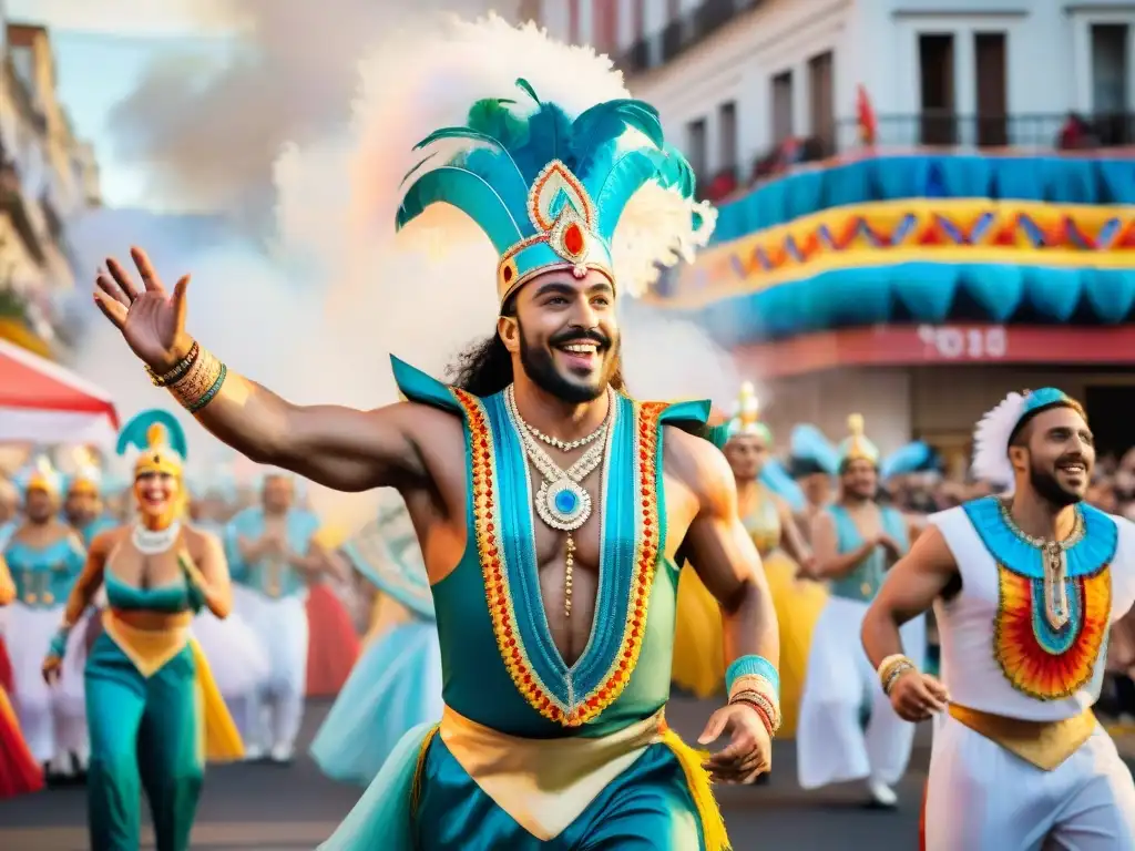 Un desfile colorido del Carnaval Uruguayo con branding exitoso en Carnaval Uruguayo