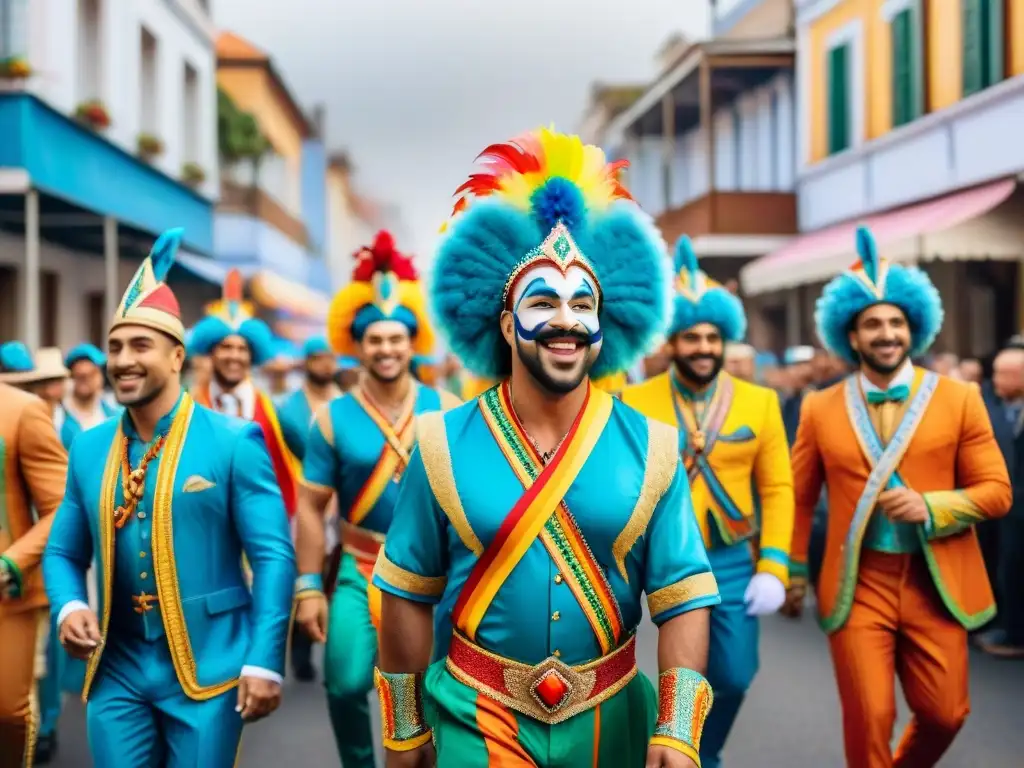 Desfile colorido de Carnaval Uruguayo, agrupaciones LGBT+ unidas en alegría y creatividad