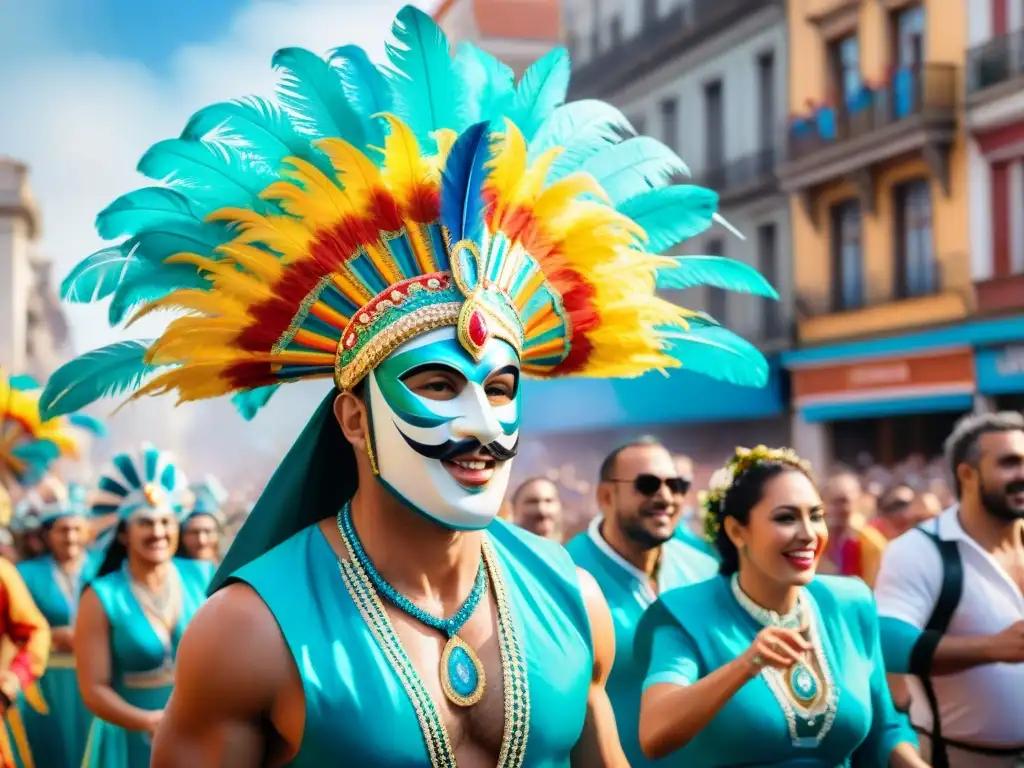 Desfile colorido de Carnaval Uruguayo con trajes tradicionales y storytelling en Montevideo