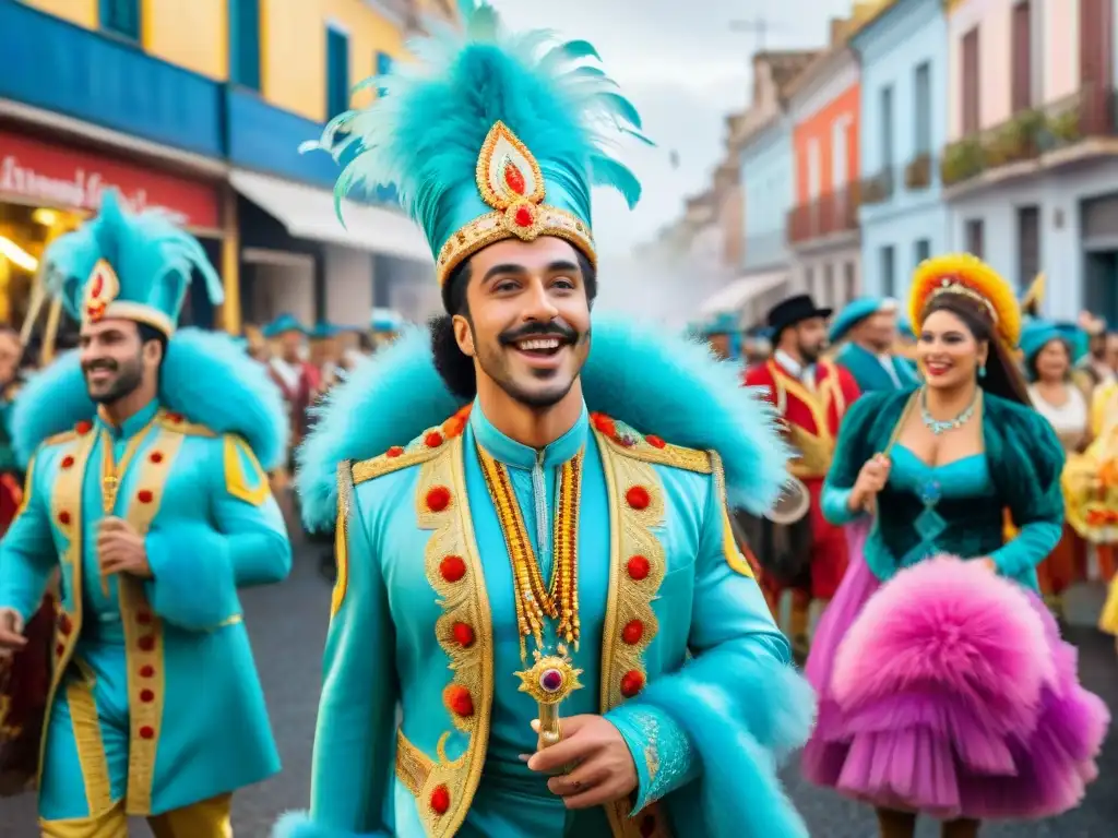 Desfile colorido de carnaval uruguayo con jerga murgas y música tradicional