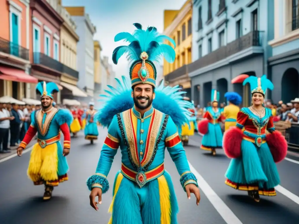 Desfile colorido del Carnaval Uruguayo festividades principales en Montevideo con trajes y bailes vibrantes