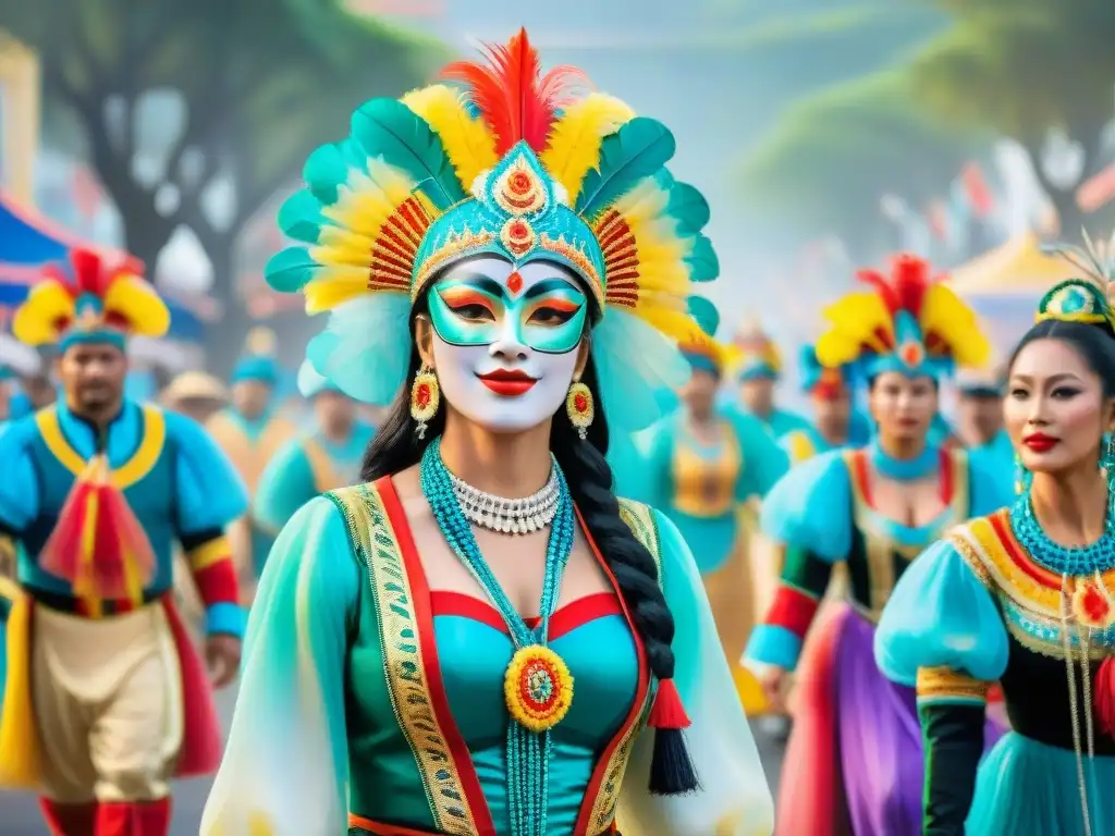 Desfile colorido en Carnaval Uruguayo: flotantes, danzas, máscaras y arquitectura colonial