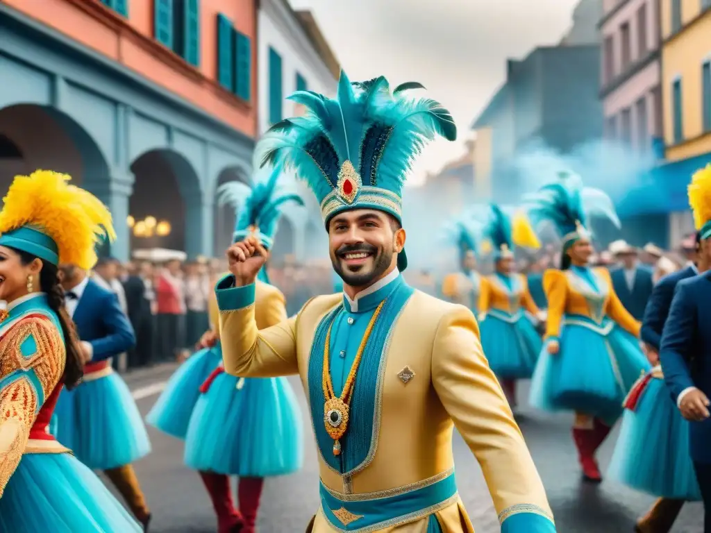 Desfile colorido en el Carnaval Uruguayo: colores vibrantes, danzas y flotas, reflejando la colaboración exitosa en Carnaval Uruguayo