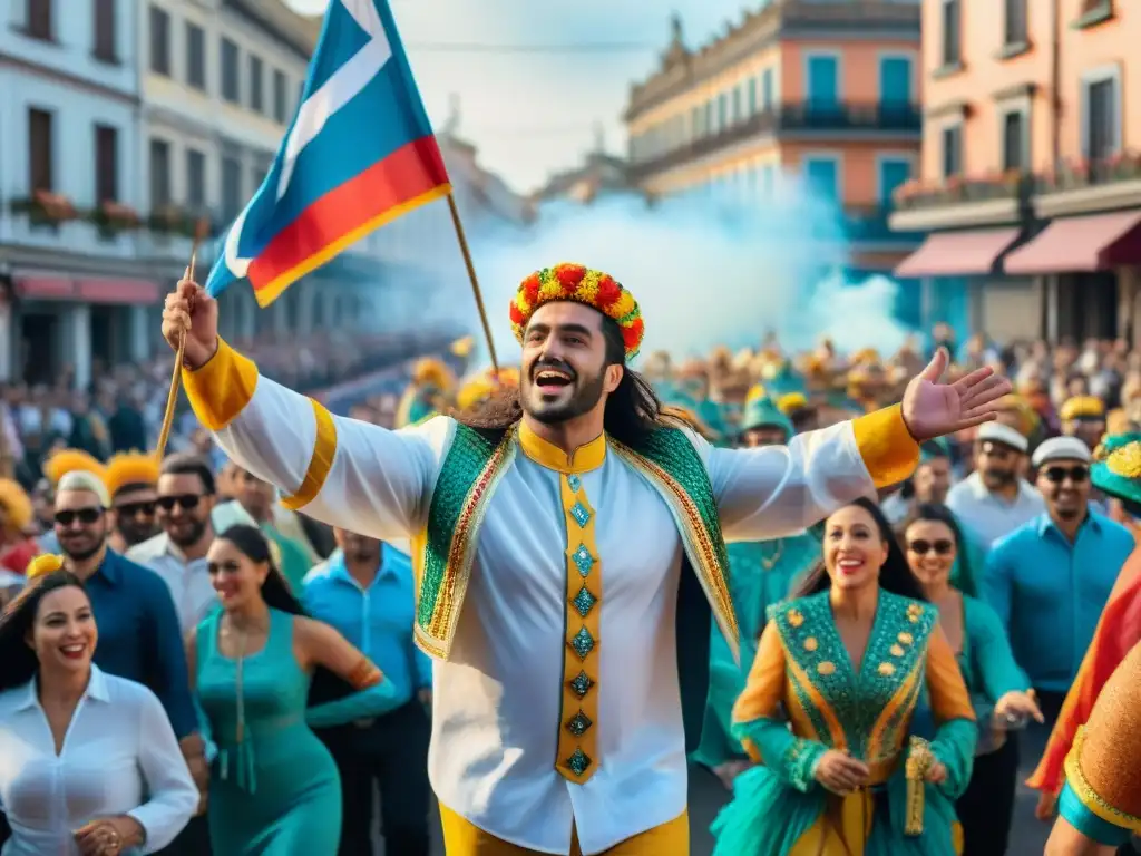 Desfile colorido del Carnaval Uruguayo, con carrozas y gente alegre en trajes elaborados