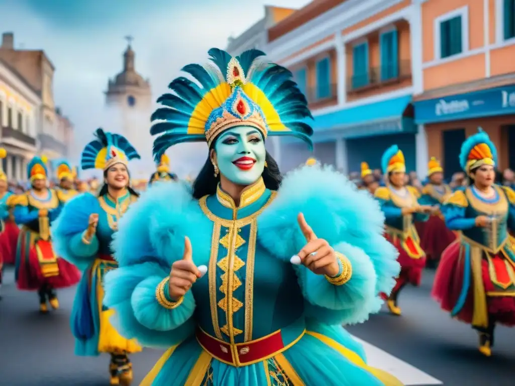 Desfile colorido del Carnaval Uruguayo: carrozas detalladas, bailarines y multitud animada