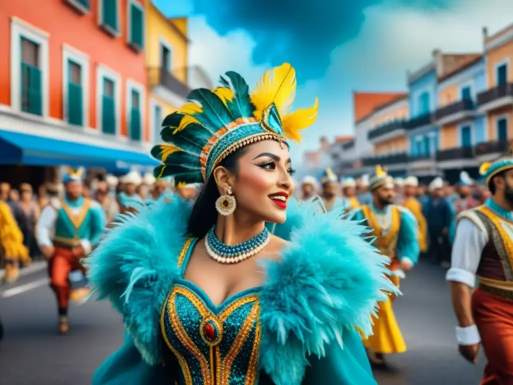 Un desfile colorido durante el Carnaval Uruguayo, con trajes tradicionales y vibrantes