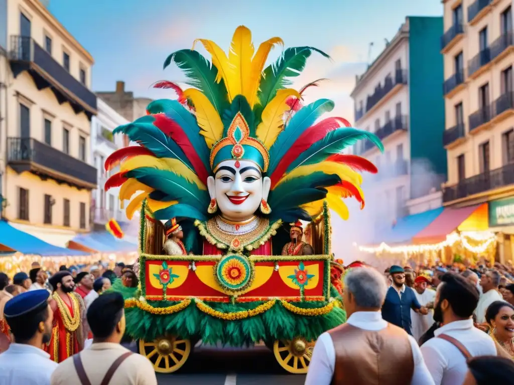 Un desfile colorido en el Carnaval Uruguayo con marcas en Marketing de marcas y exuberantes trajes danzantes