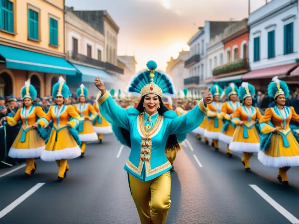 Desfile colorido en el Carnaval Uruguayo con músicos y carrozas, reflejando la energía festiva del evento y el Merchandising oficial Carnaval Uruguayo