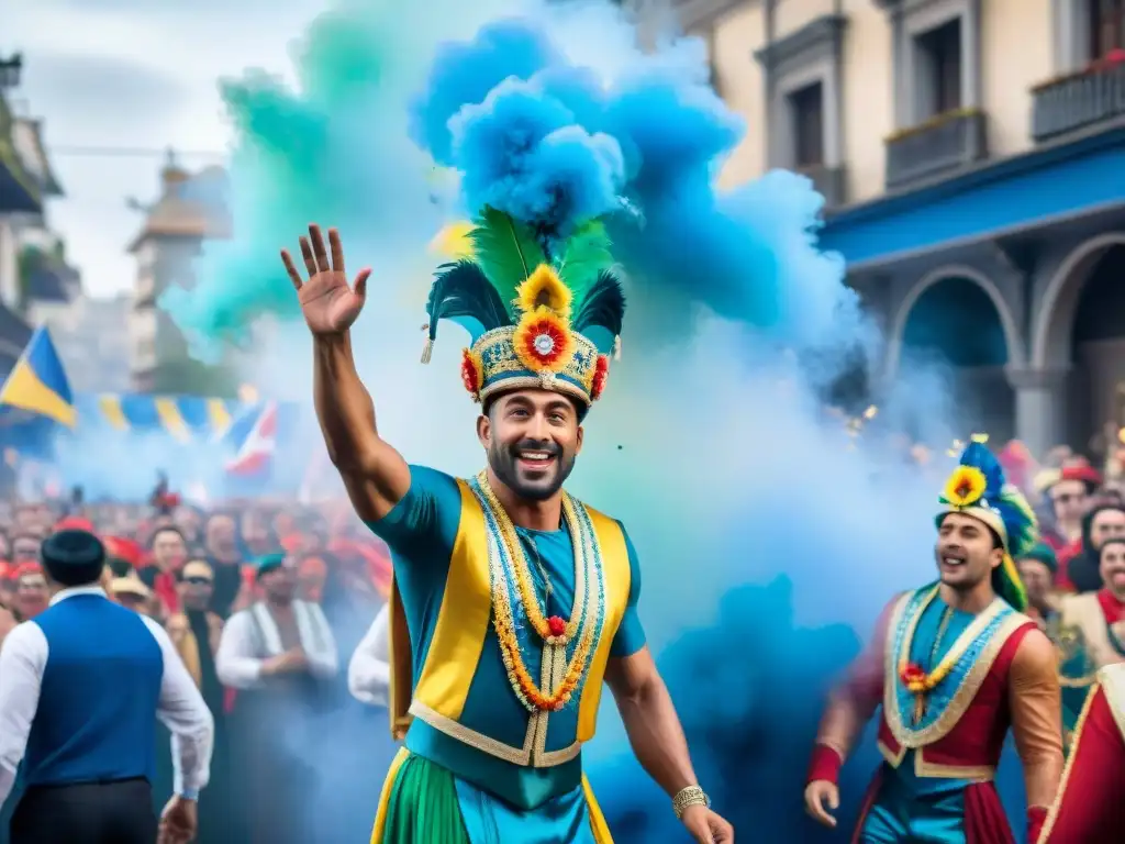 Desfile colorido en Carnaval Uruguayo con estrategias de marketing en acción