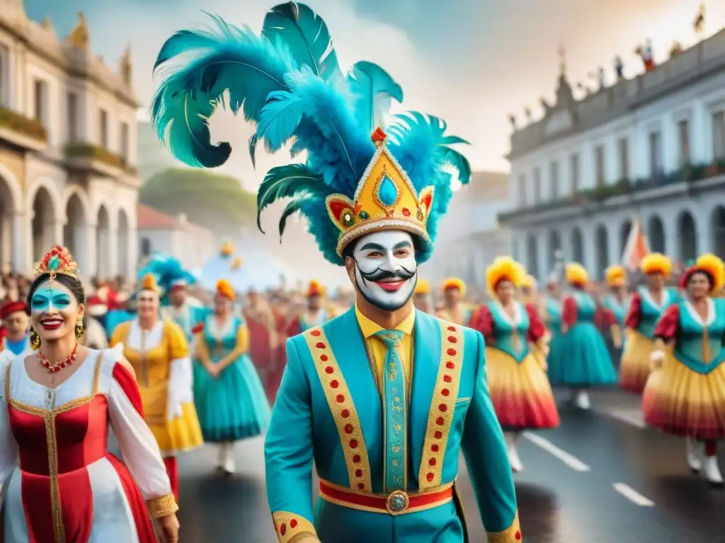 Desfile colorido del Carnaval Uruguayo con carros alegóricos y bailarines, patrocinado por una marca