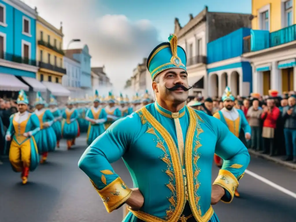 Desfile colorido del Carnaval Uruguayo con carrozas y danzas, celebrando la tradición y la alegría