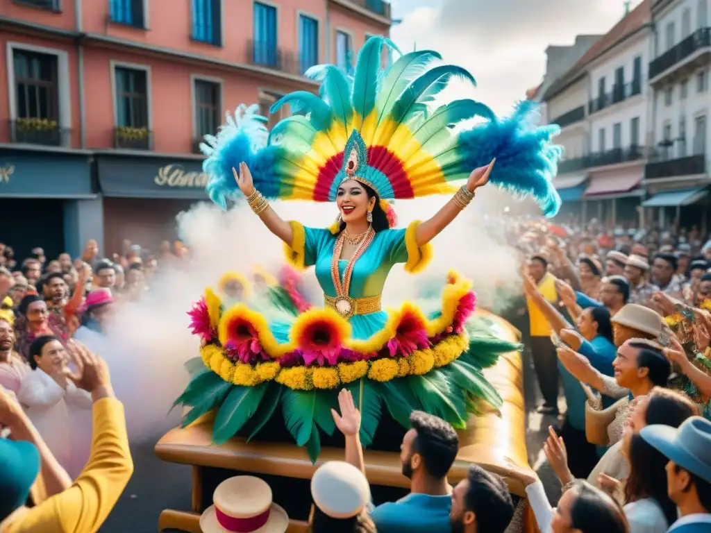 Un desfile colorido en el Carnaval Uruguayo con carroza patrocinada y bailarines vibrantes