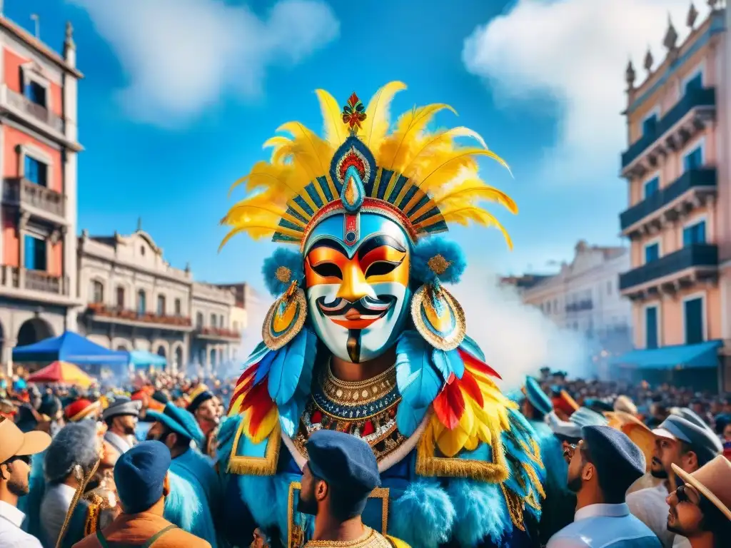 Desfile colorido del Carnaval Uruguayo con máscaras y plumas, rodeado de gente vestida con trajes elaborados