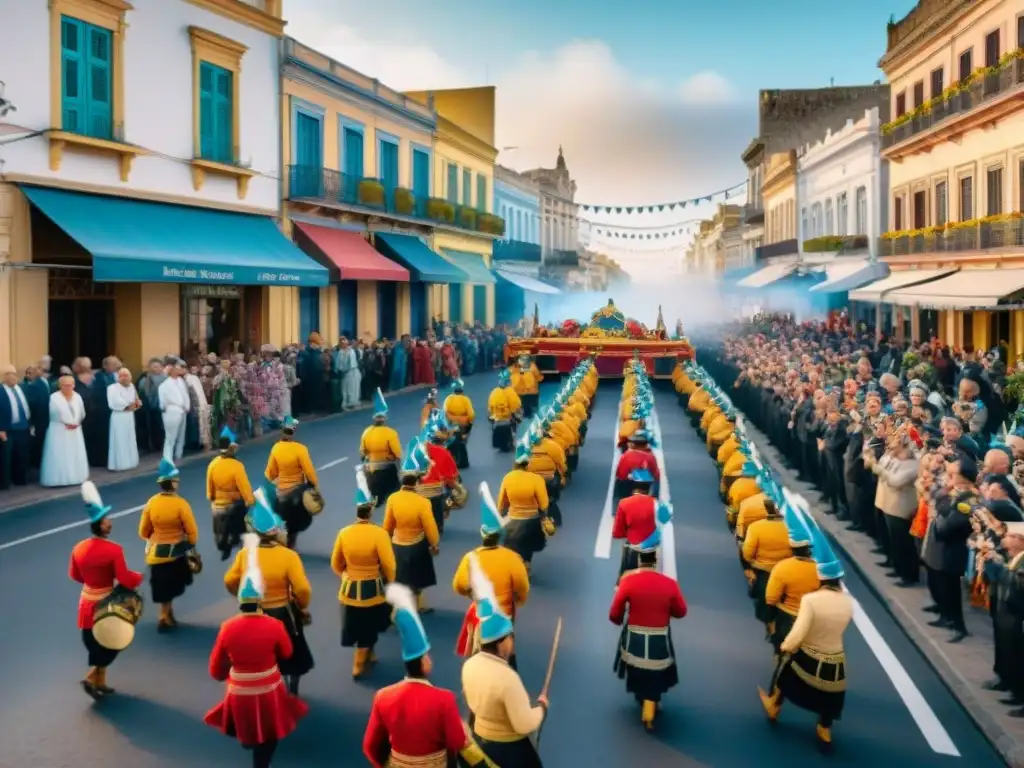 Desfile colorido en el Carnaval Uruguayo con carrozas, bailarines y músicos