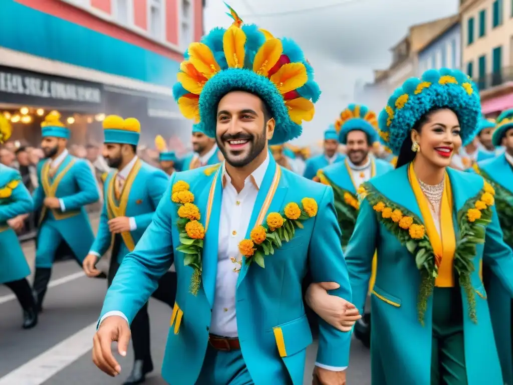 Desfile colorido del Carnaval Uruguayo: carrozas, bailarines y espectadores en las calles, reflejando la atmósfera festiva y vibrante