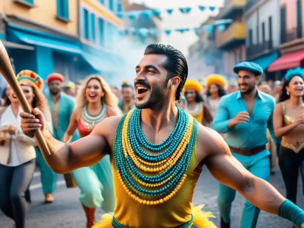 Desfile colorido del Carnaval Uruguayo: carrozas, bailarines con trajes llamativos, música y espectadores animados