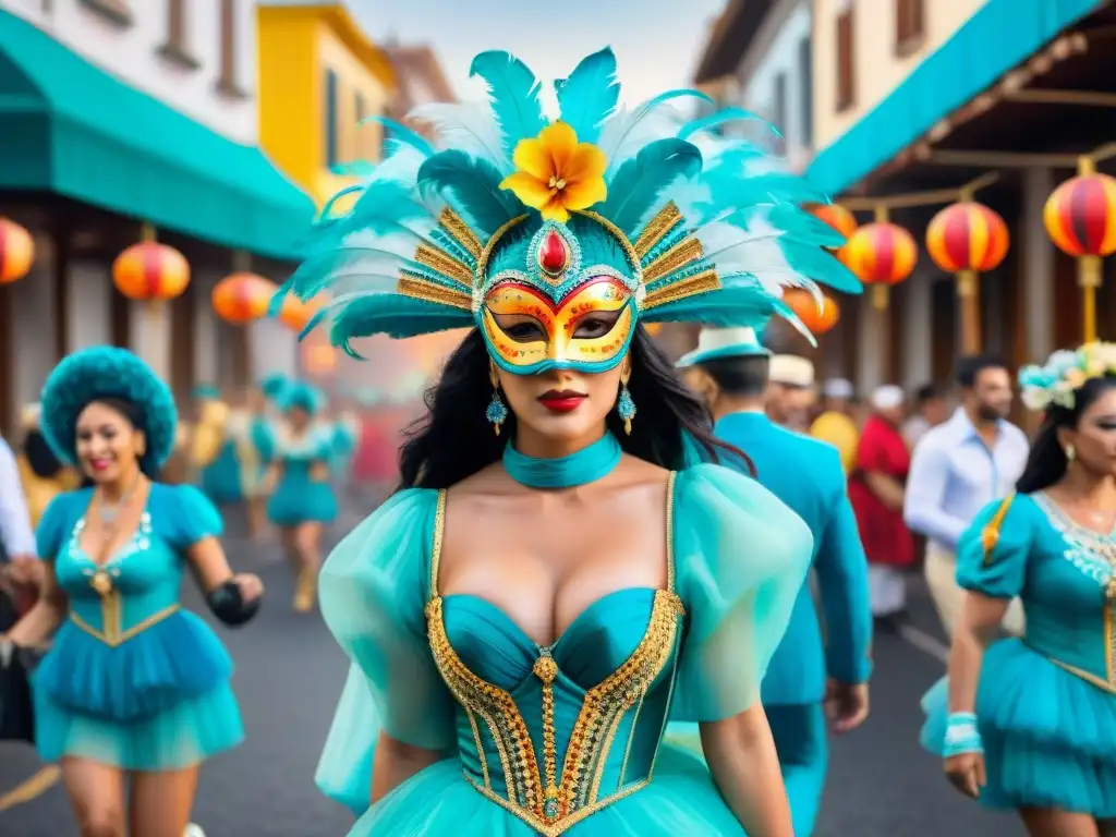 Desfile colorido del Carnaval Uruguayo: carros alegóricos, danzarines y máscaras en una vibrante celebración de la tradición cultural