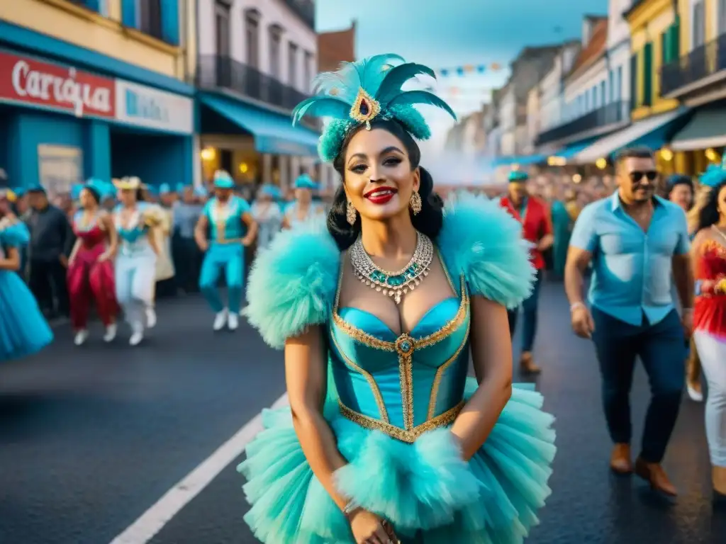 Desfile colorido en el Carnaval Uruguayo, con bailarines, música y alegría