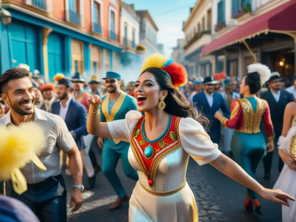 Desfile colorido de Carnaval en Uruguay con vestuario y danzas festivas