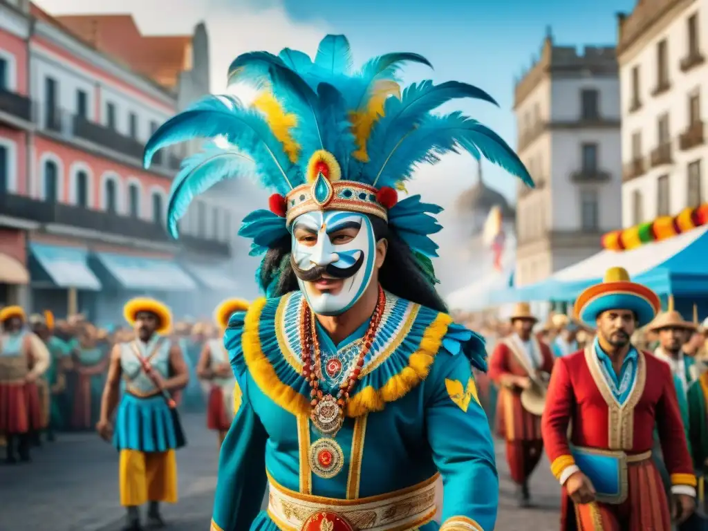 Desfile colorido del Carnaval en Uruguay con vestuarios de Reutilización materiales, músicos, bailarines y espectadores