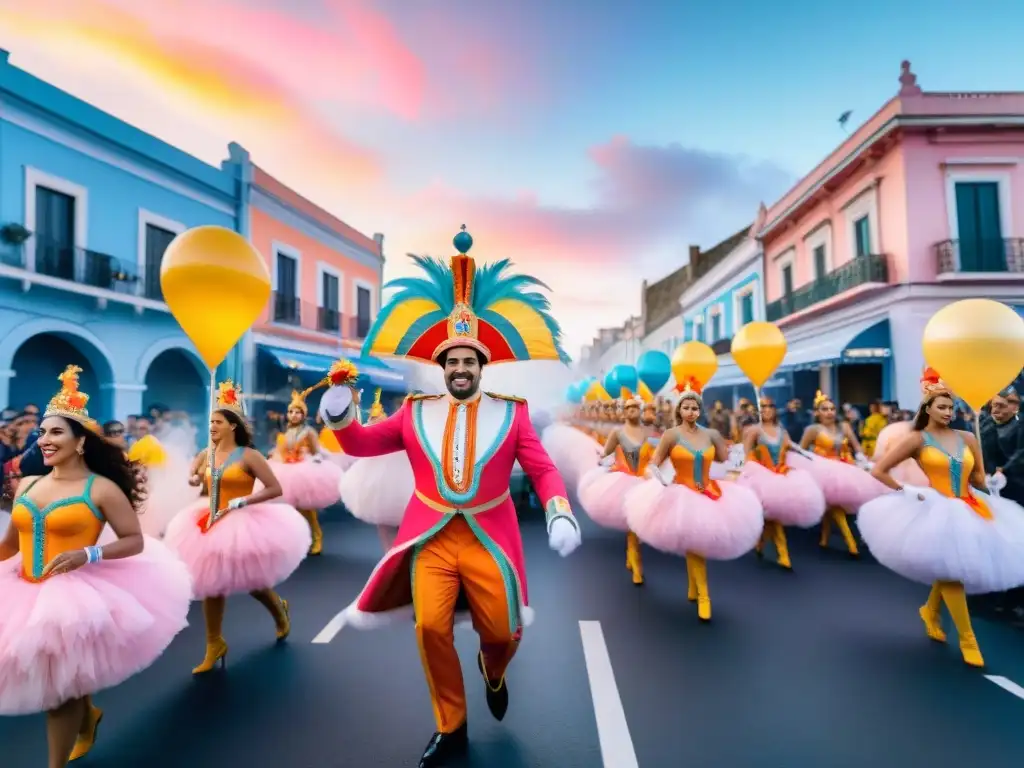 Desfile colorido de carros alegóricos y danzantes en el Carnaval de Uruguay