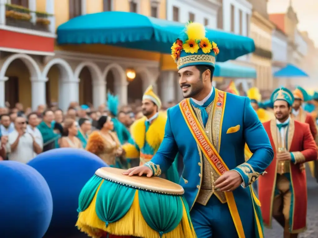 Desfile colorido en Uruguay: carroza floral, bailarines y espectadores animados en el Carnaval