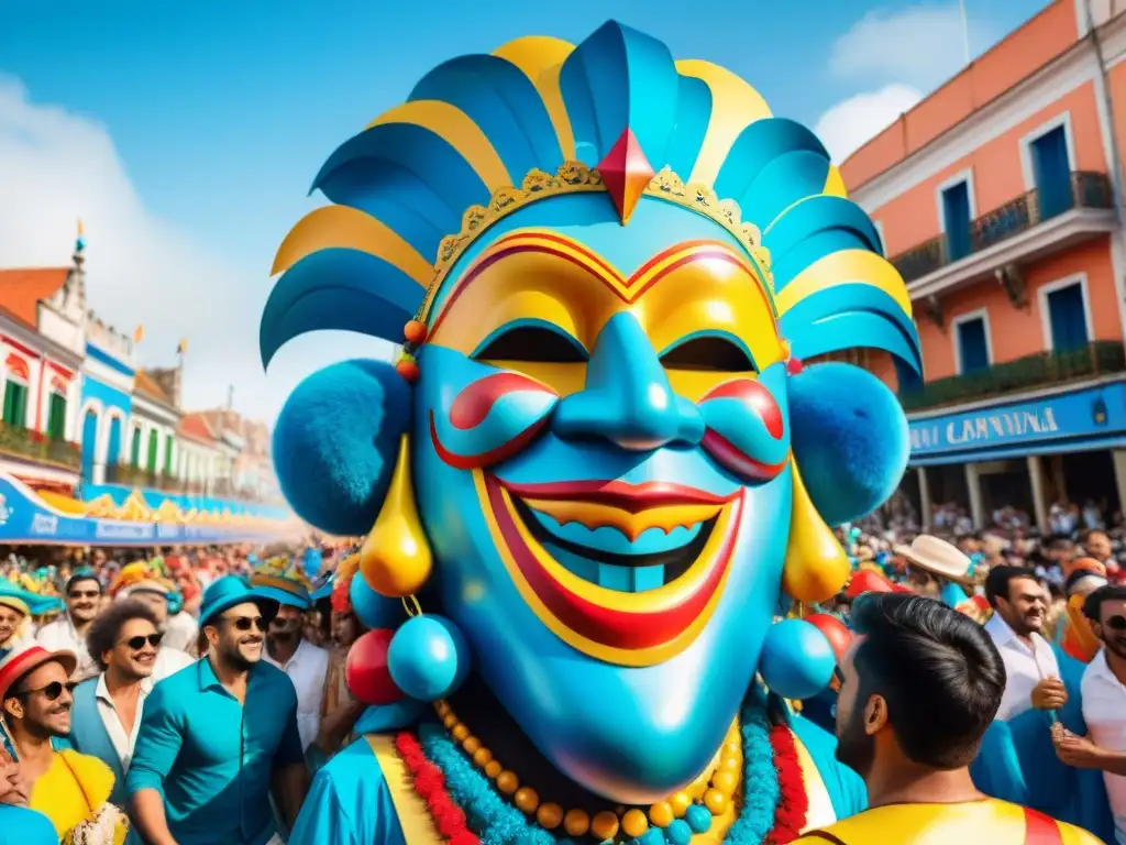 Desfile colorido con carroza en forma de máscara gigante, carnavaleros celebrando bajo cielo azul