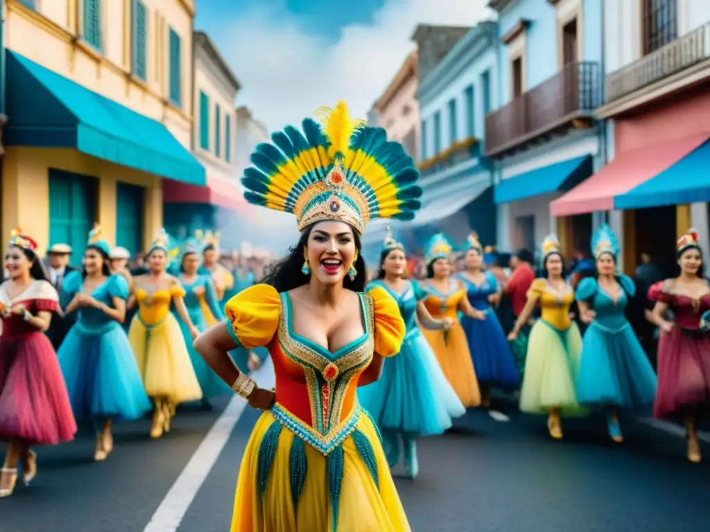 Desfile colorido de comparsas en el Carnaval de Uruguay, lleno de alegría y tradición