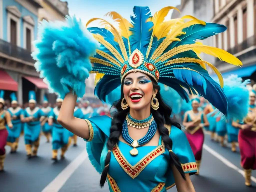 Desfile colorido de comparsas uruguayas en carnaval, celebrando bajo el cielo azul