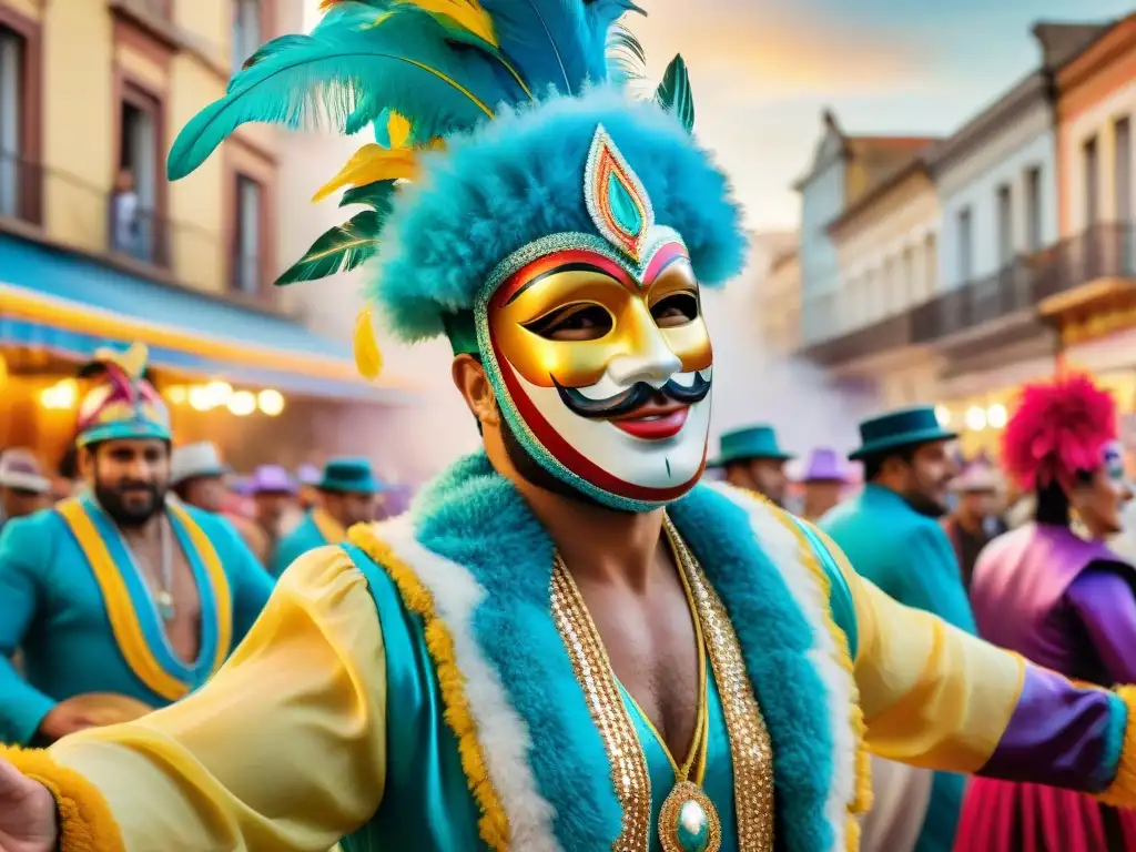 Un desfile colorido de disfraces del Carnaval Uruguayo con músicos, plumas y alegría en las calles históricas