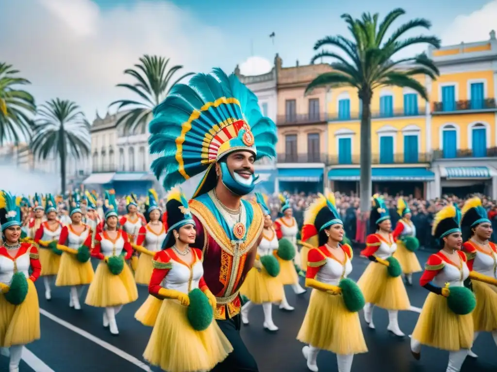 Desfile colorido y diverso en el Carnaval Uruguayo: trajes, carrozas y bailarines representando culturas, unidos en celebración