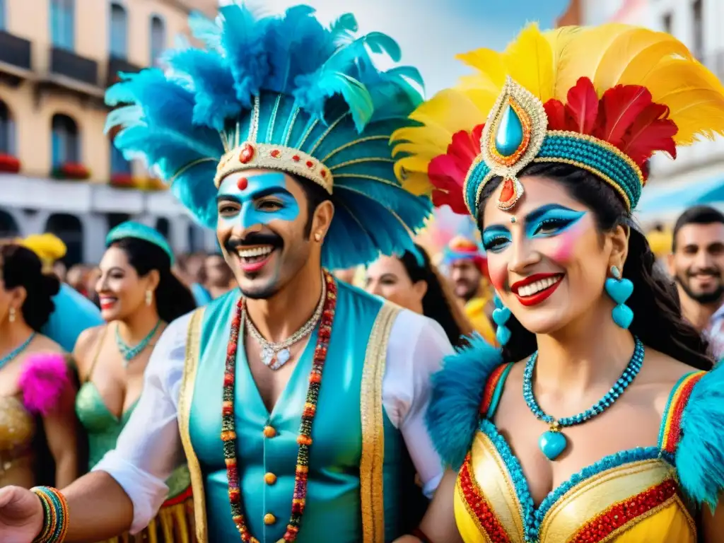 Un desfile colorido y diverso en el Carnaval Uruguayo, con agrupaciones LGBT+ celebrando con alegría y orgullo