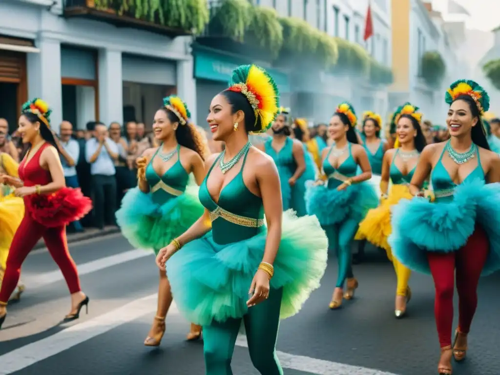 Desfile colorido de escuelas de samba en Uruguay, vibrante y lleno de vida, promoviendo la iniciativa de residuo cero