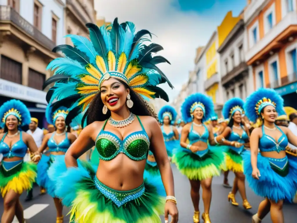 Desfile colorido de escuelas samba en Uruguay, con trajes de plumas, tamborileros y espectadores felices en las calles de Montevideo