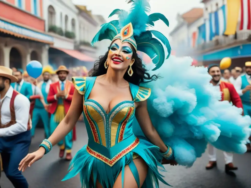 Desfile colorido y festivo en el Carnaval Uruguayo, con floats, bailarines y espectadores alegres