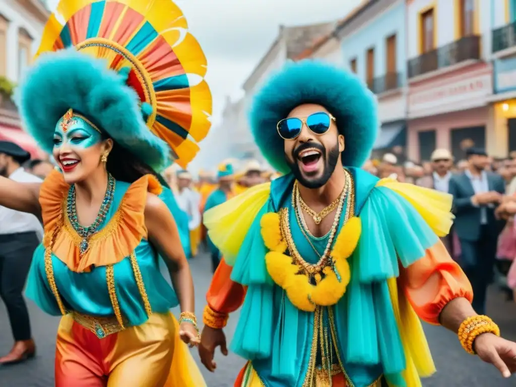 Desfile colorido de influencers bailando en el Carnaval Uruguayo