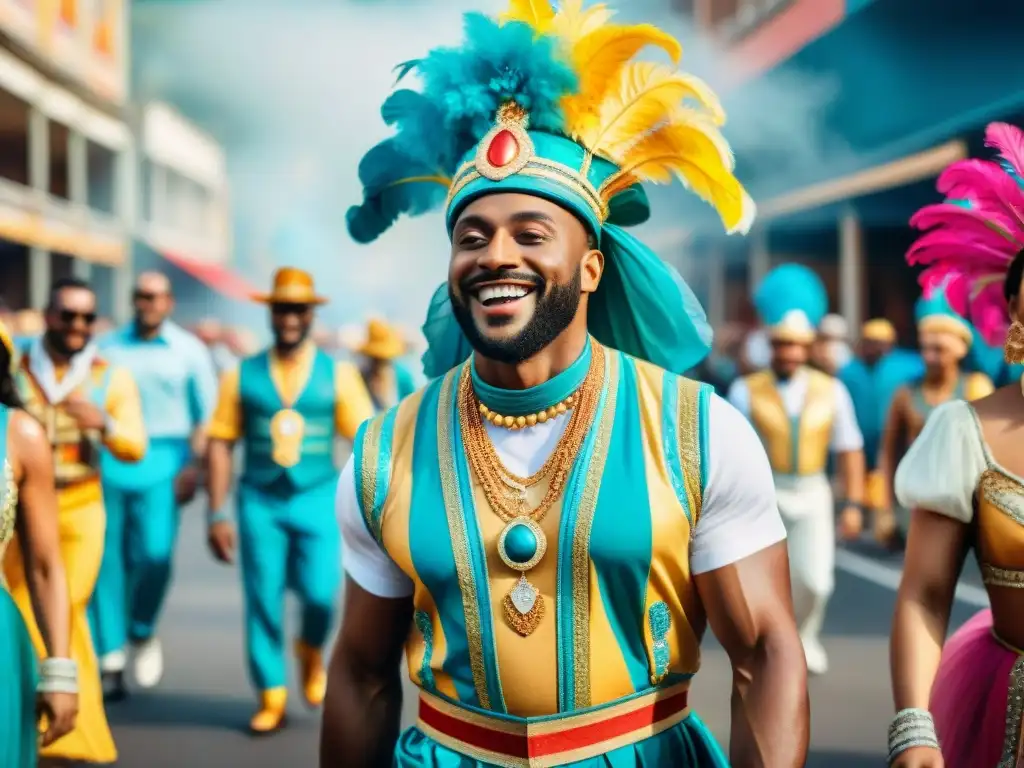 Un desfile colorido de personas en trajes de Carnaval, celebrando la evolución y la diversidad cultural