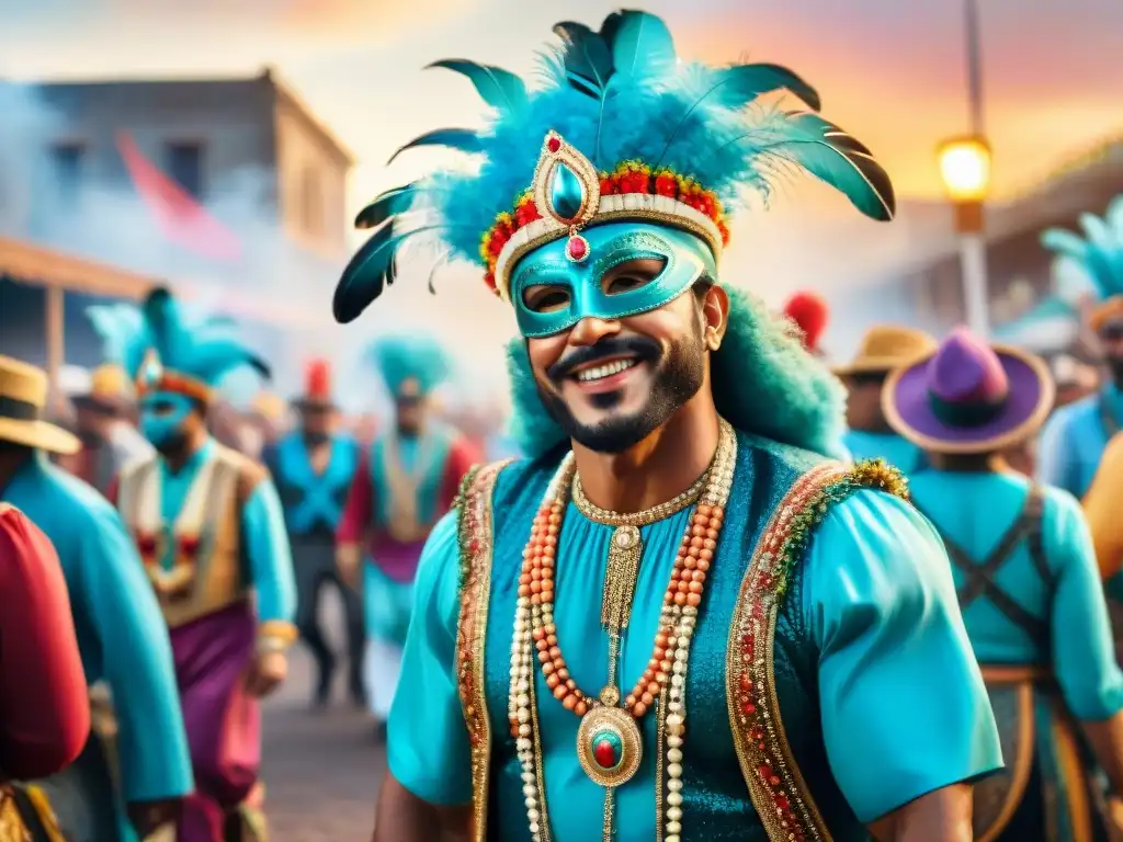 Un desfile colorido con trajes y accesorios del Carnaval Uruguayo combinados en una vibrante ilustración acuarela