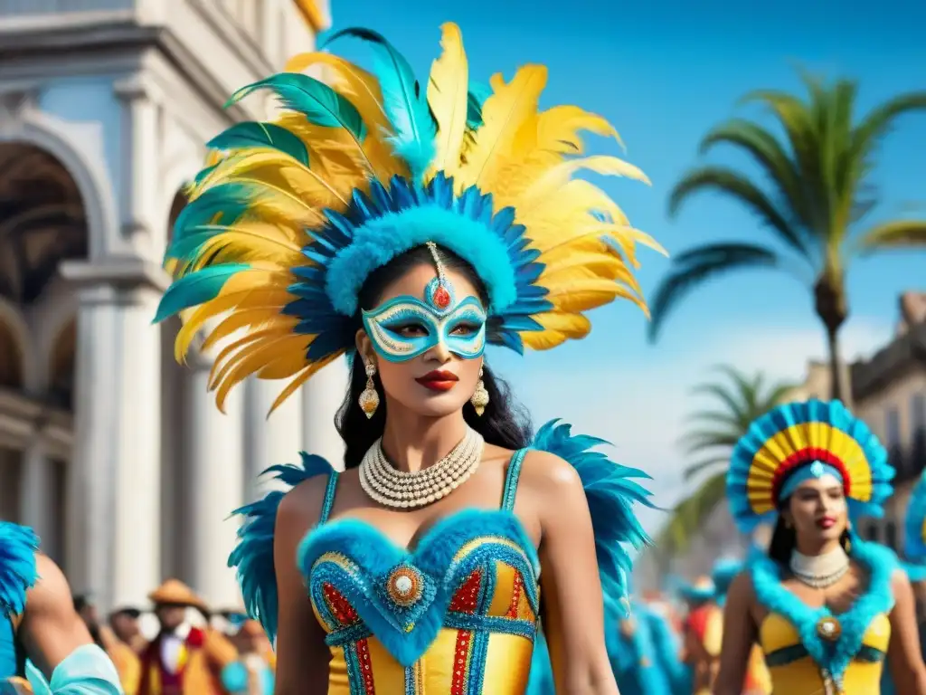 Desfile colorido de trajes de Carnaval Uruguay, vida sostenible y creatividad en vibrante acuarela