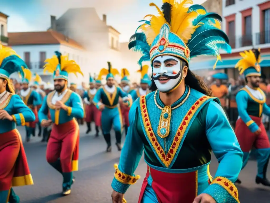 Desfile colorido y vibrante del Carnaval Uruguayo, con danzas, músicos y decoraciones festivas